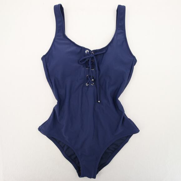 Mossimo One Piece Swimsuit Navy Blue Lace Up Front Scoop Neck Tank Straps S - Picture 1 of 13